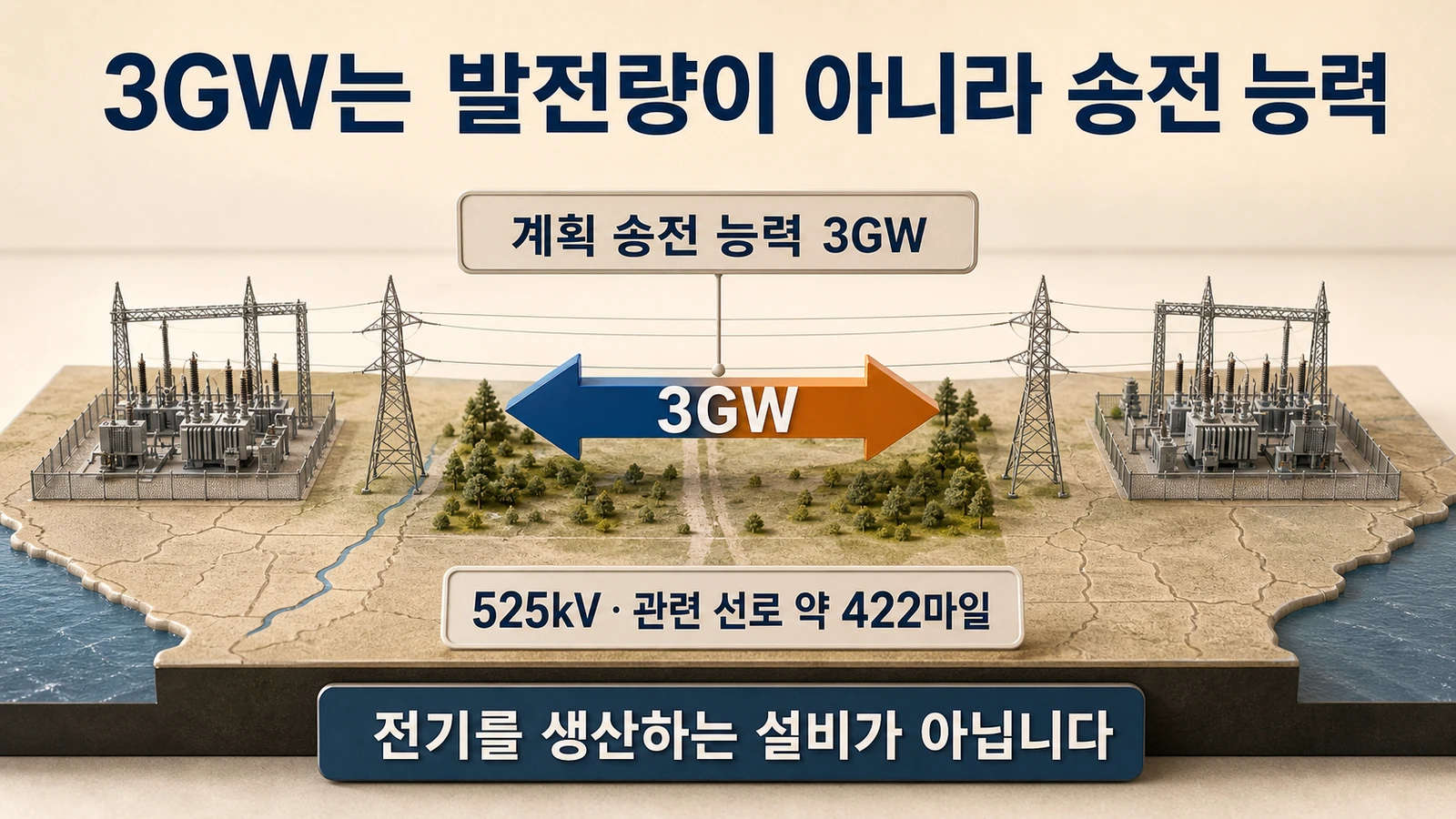 3GW는 발전량이 아닌 송전 능력이며 전압은 525kV라는 구분