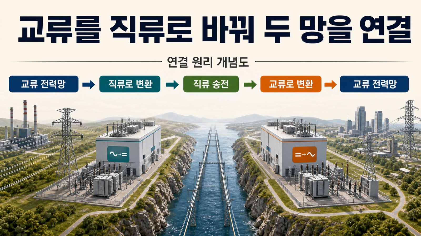 교류를 직류로 바꿔 전달한 후 다시 교류로 변환하는 HVDC 원리
