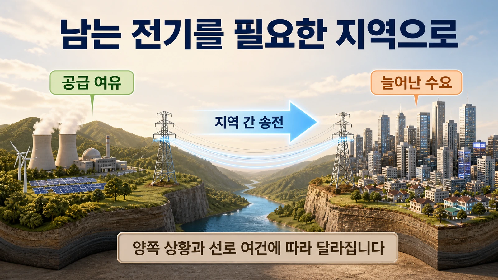 지역 사이 전력 공유는 잉여 전력과 송전망 조건에 따라 달라진다는 설명