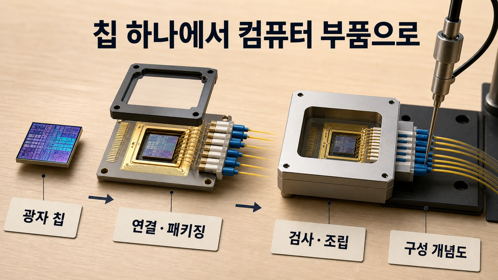 광자 칩 연결·패키징·검사·조립 개념도