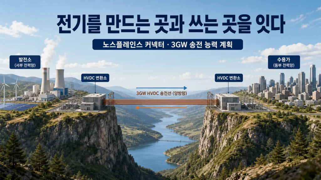 미국 동서 전력망 사이 3GW 송전 연결 계획의 개념도
