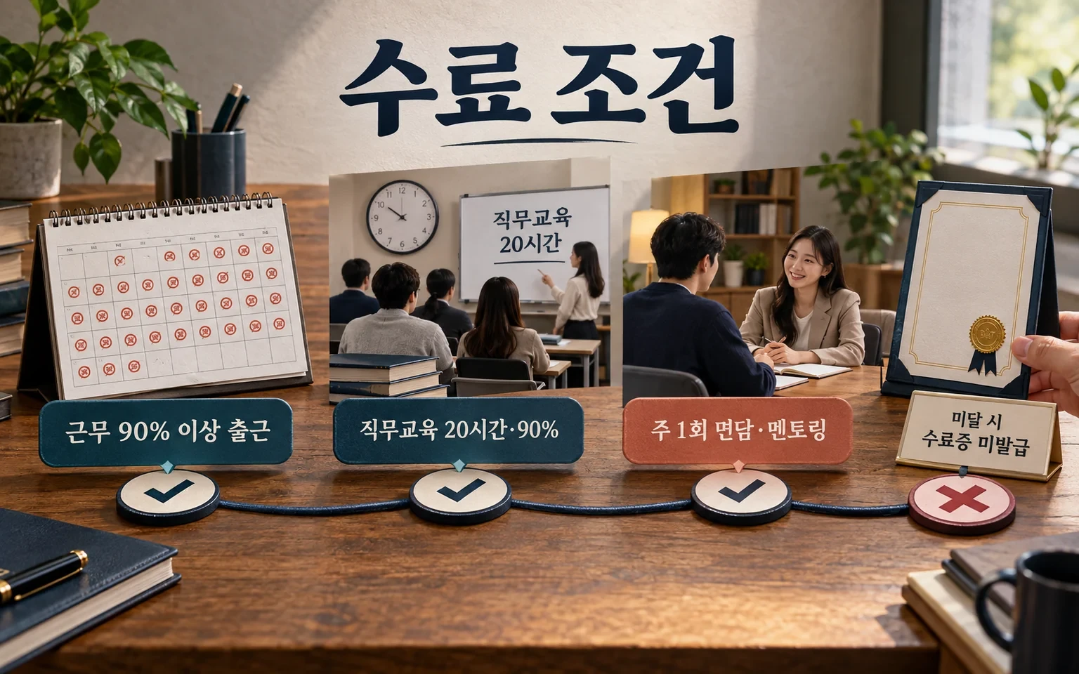 근무 90퍼센트 출근과 교육 20시간 및 면담 멘토링의 수료 조건