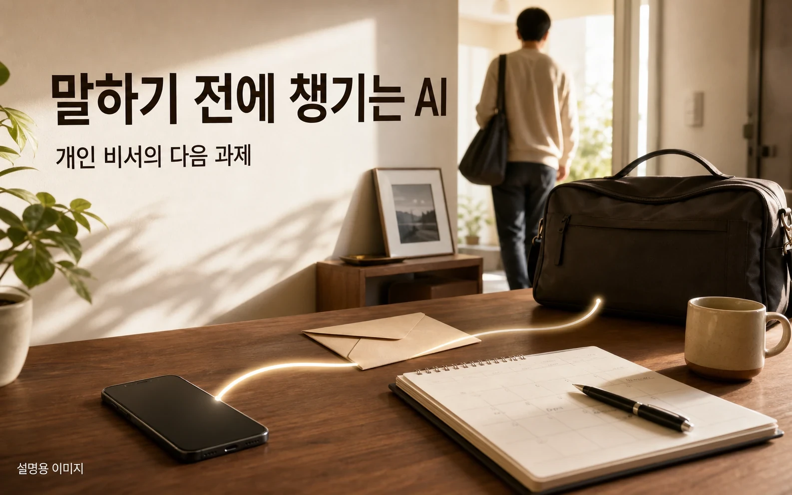 명령을 기다리지 않고 일상의 후속 행동을 챙기는 개인 비서 구상을 표현했습니다. 실제 인스팅트 화면이나 성능 시연은 아닙니다.