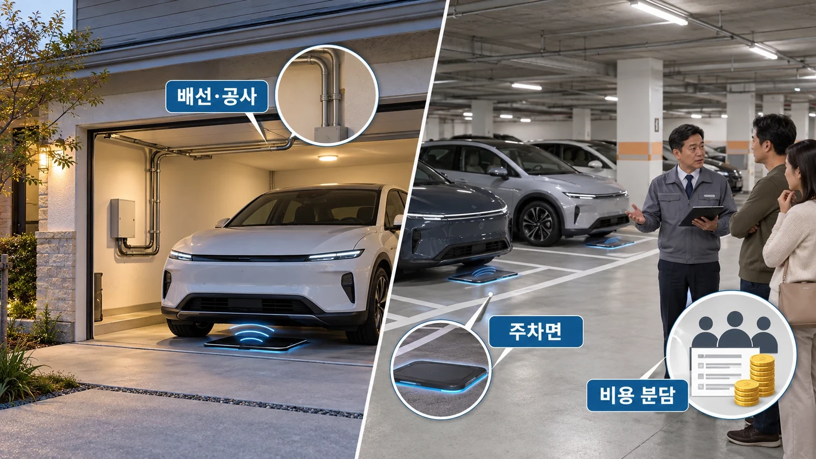 개인 차고와 공동 주차장의 배선 공사와 비용 분담