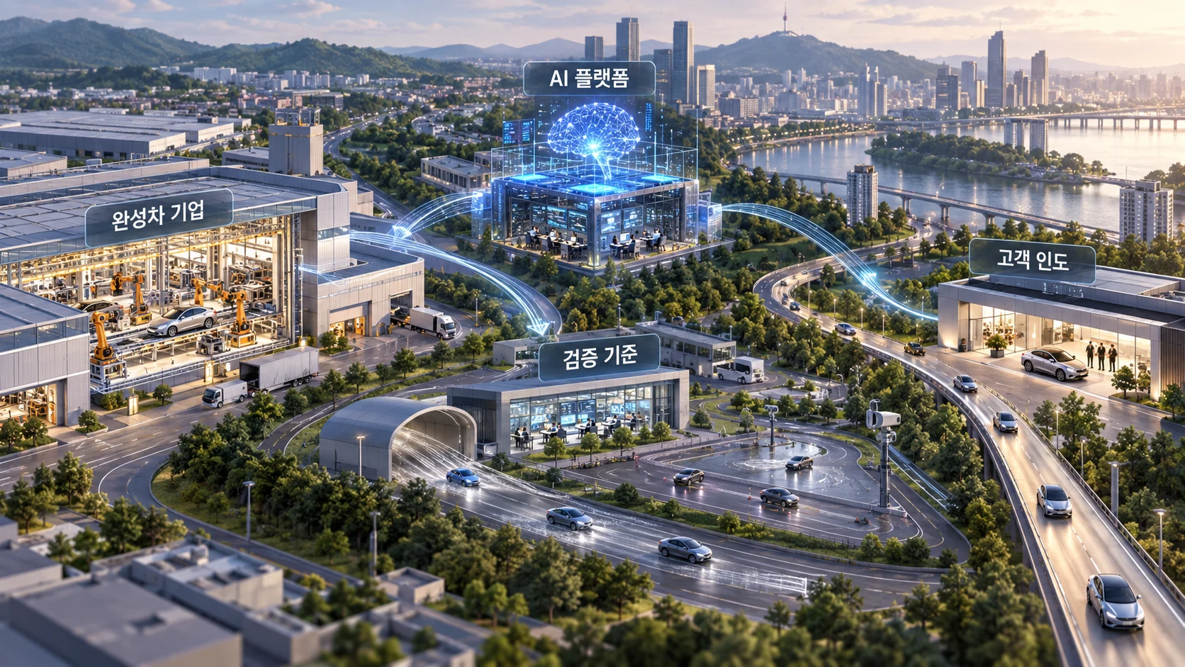 완성차 기업과 AI 플랫폼 및 검증·인도의 관계 개념도