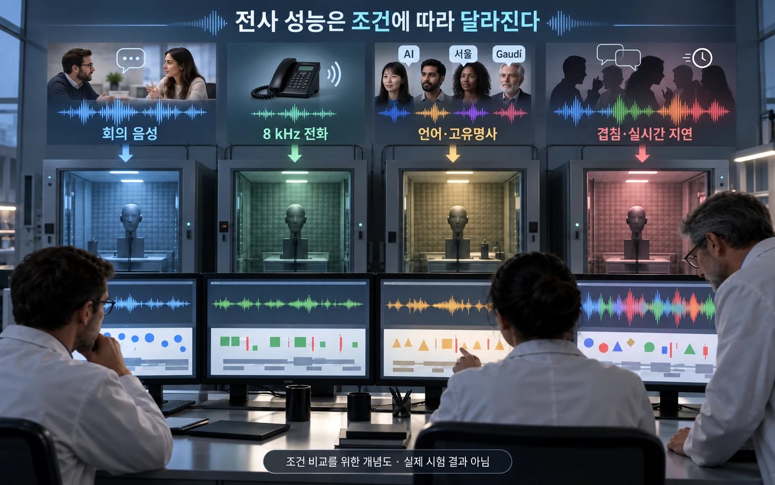 회의 전화 언어와 겹침에 따른 전사 시험 조건