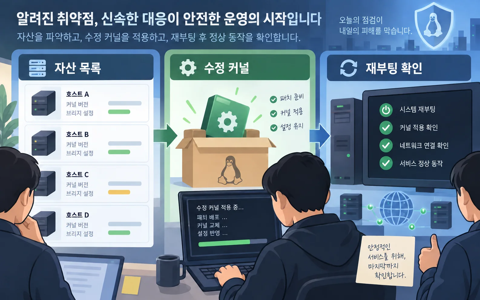 자산 목록에서 수정 커널과 재부팅 확인으로 연결