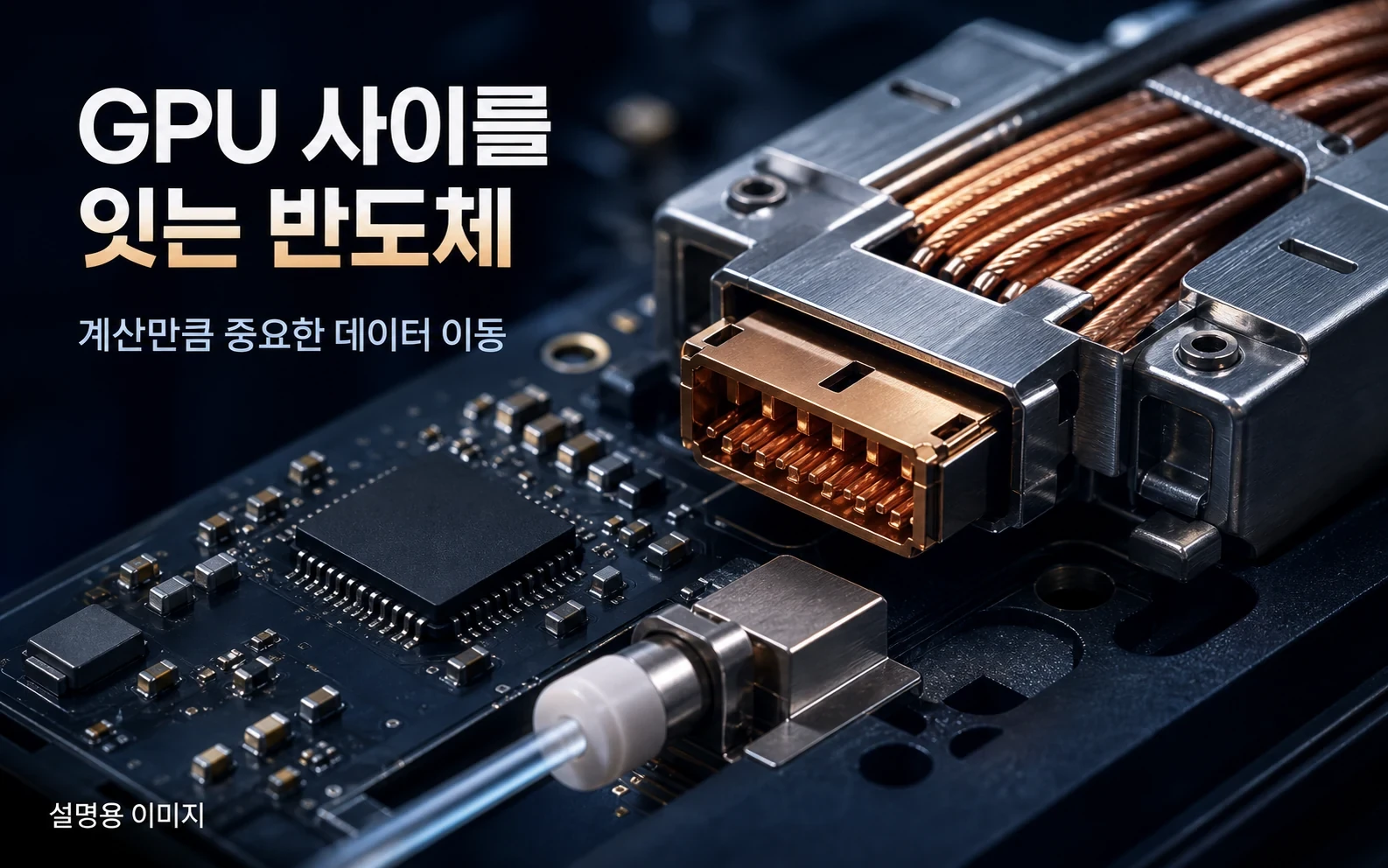GPU 사이의 데이터를 전달하는 구리·광 연결 부품을 표현했습니다. 특정 셈테크 제품의 실제 사진이 아닌