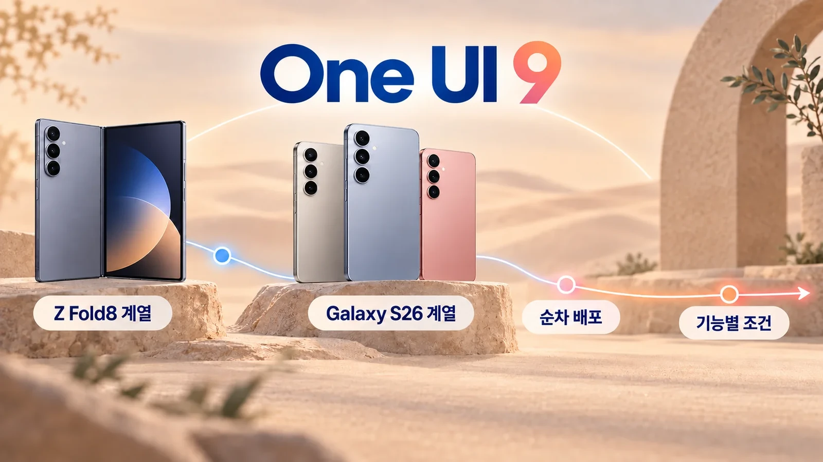 Galaxy 휴대폰의 순차 배포와 지역별 기능 제한을 나타낸 그림