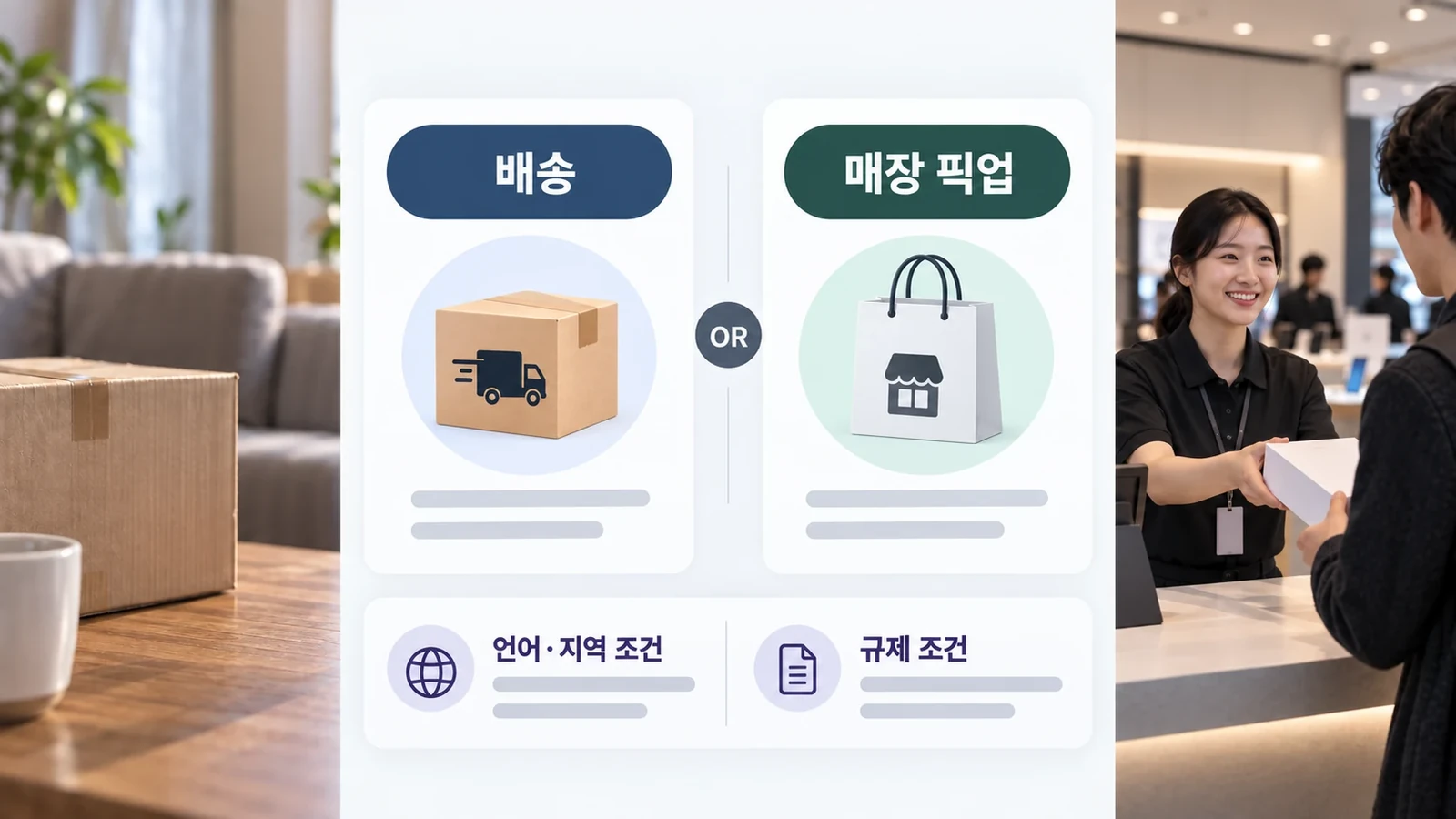 배송 또는 매장 픽업 선택과 언어 지역 규제 조건