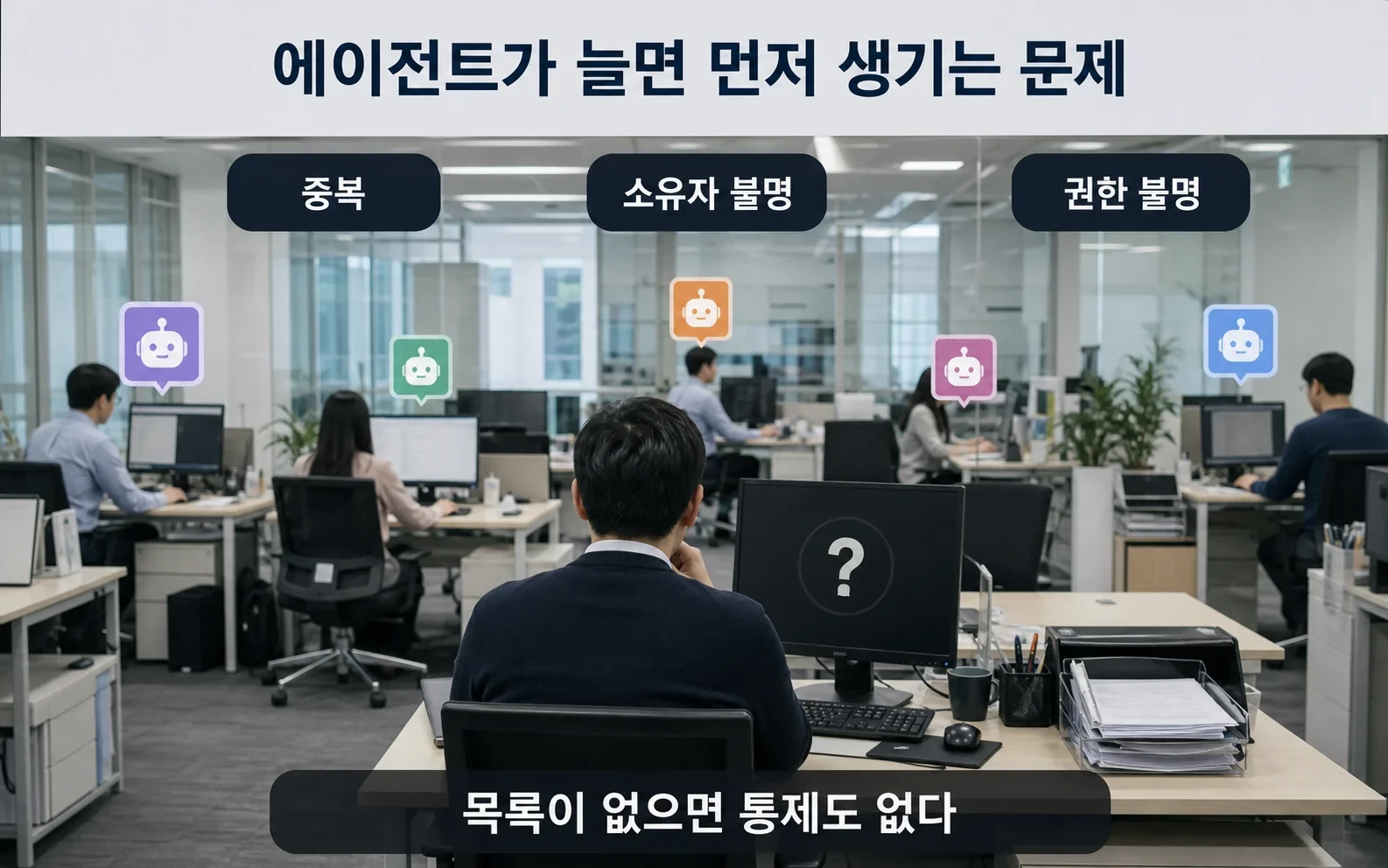 회사 안의 AI 에이전트가 늘자, AWS는 목록과 허가증부터 만들었다의 01-agent-sprawl 내용을 보여주는 정보 이미지