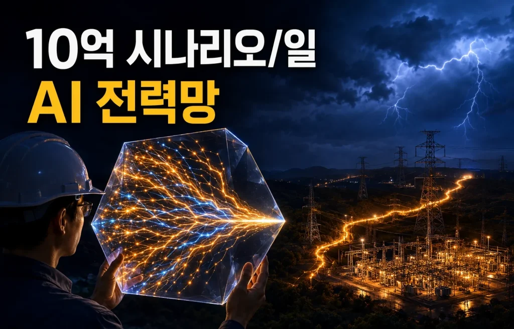 전력망에 10억 가지 미래를 하루에, 브룩헤이븐의 AI 계획 핵심 내용을 보여주는 인포그래픽