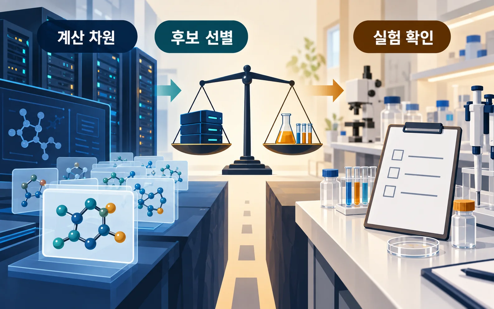 계산 자원과 후보 선별 및 실험 확인의 구분