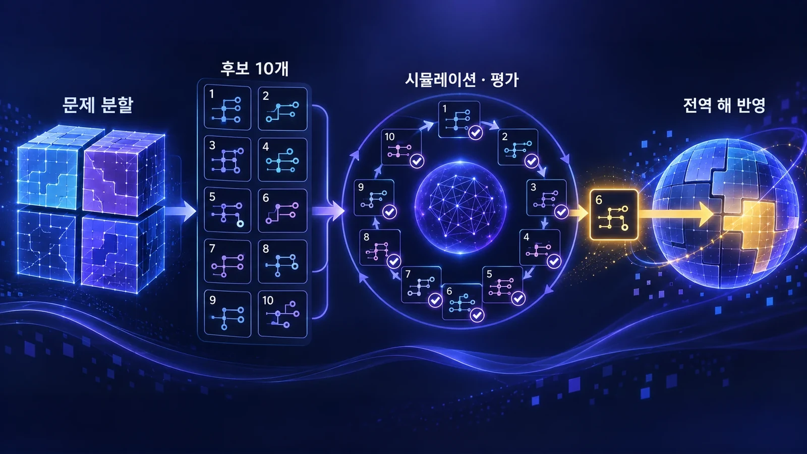 후보 열 개 평가와 최선 회로 선택