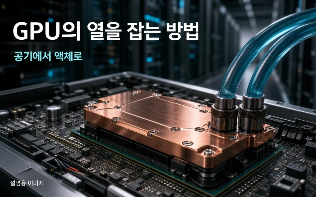 칩에 붙인 냉각판과 액체 순환으로 열을 빼내는 방식을 표현했습니다. 실제 LG CNS·네이버 설비 사진이 아닌