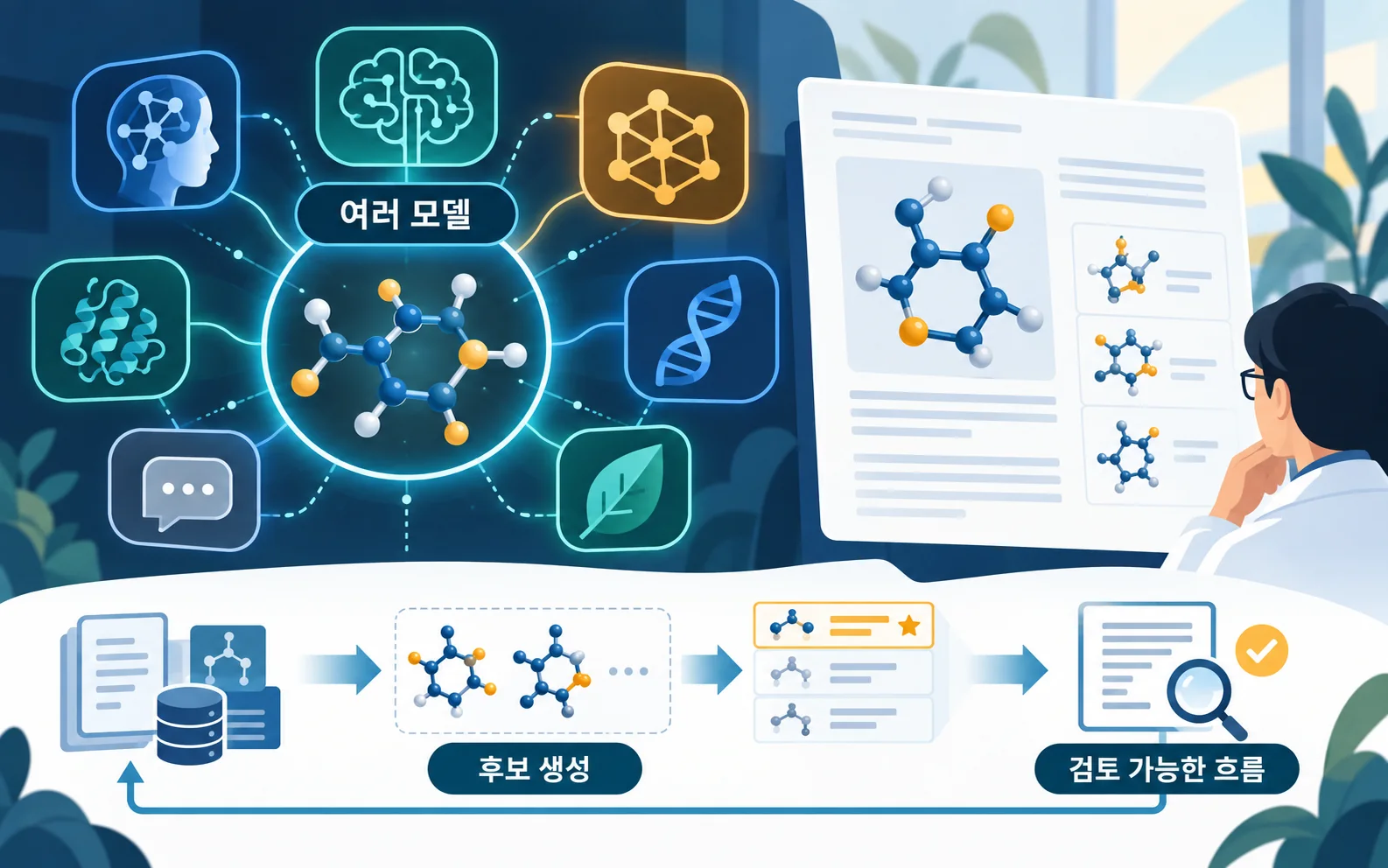 여러 모델을 결합해 후보를 생성하고 검토하는 과정