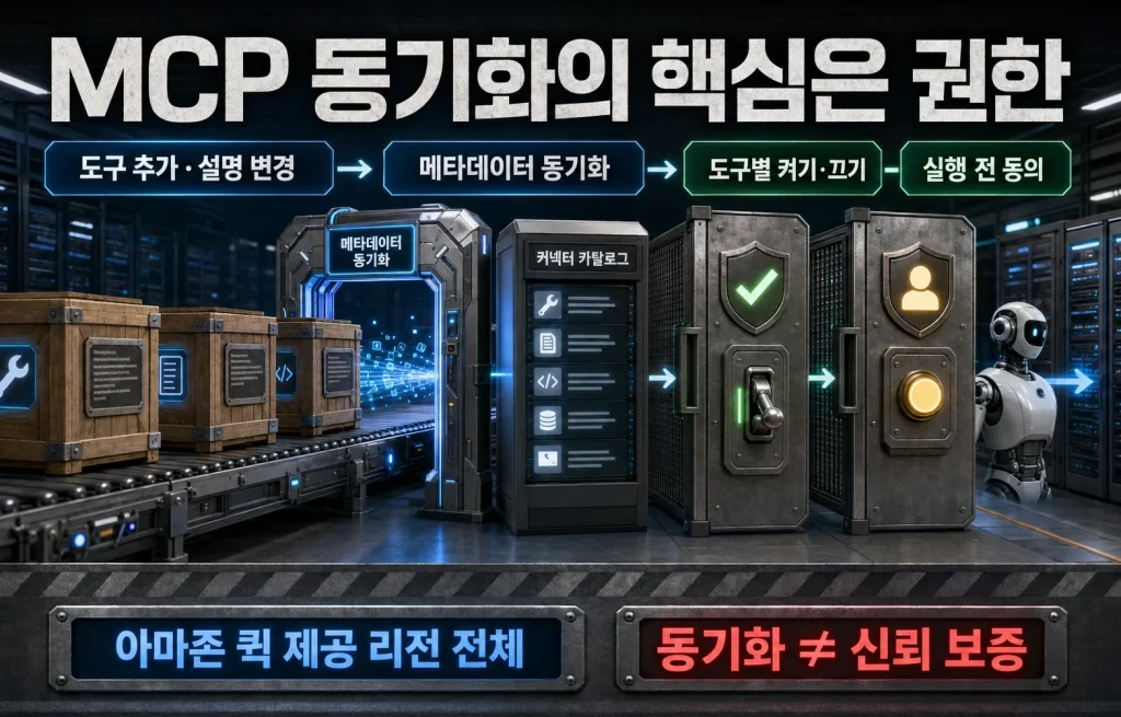 MCP 도구가 바뀌어도 자동 동기화한다, 아마존 퀵이 에이전트 권한을 다루는 방식 관련 1번째 핵심 구조 인포그래픽