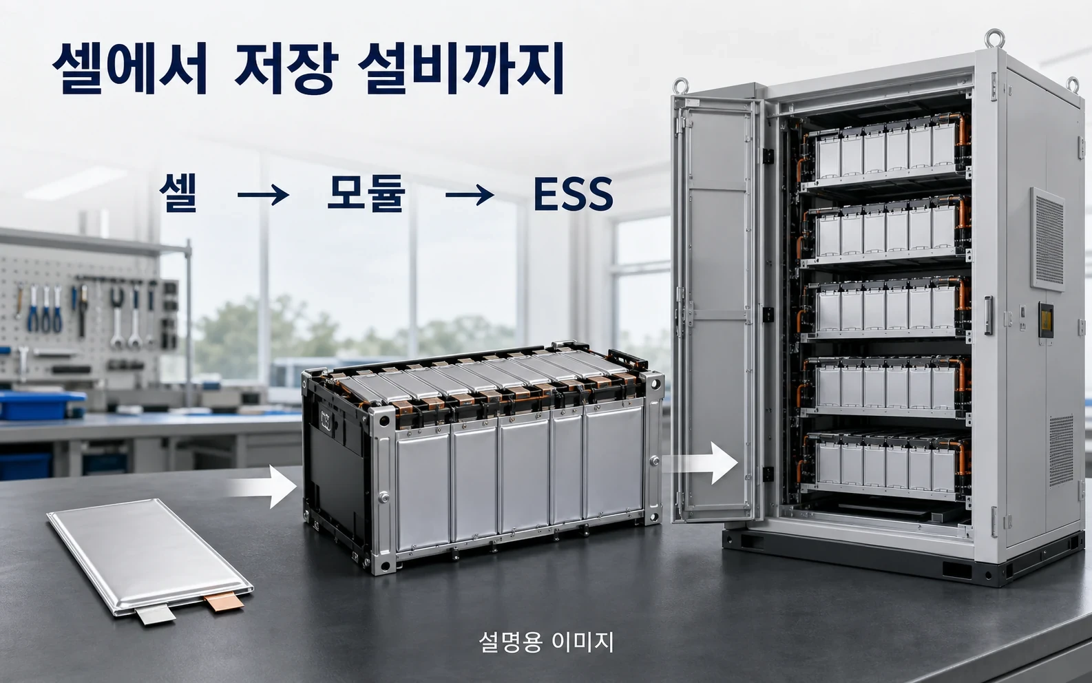 배터리 셀은 모듈과 팩을 거쳐 저장 설비에 들어갑니다. 특정 회사 제품의 내부 설계가 아닌