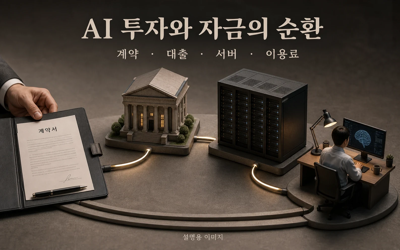 고객 계약이 대출을 돕고, 대출로 늘린 서버가 다시 이용료를 만드는 관계를 표현했습니다. 계약 이행과 수요에는 위험이 남습니다.