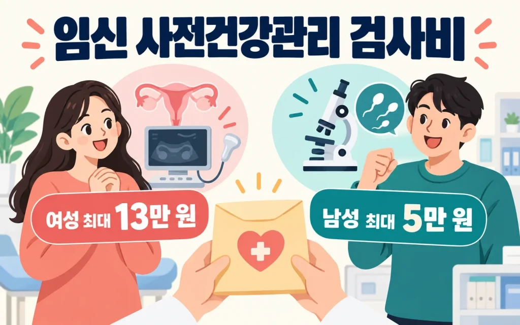 임신 사전건강관리 검사비, 여성 13만 원·남성 5만 원 지원 핵심 내용을 보여주는 1번째 인포그래픽