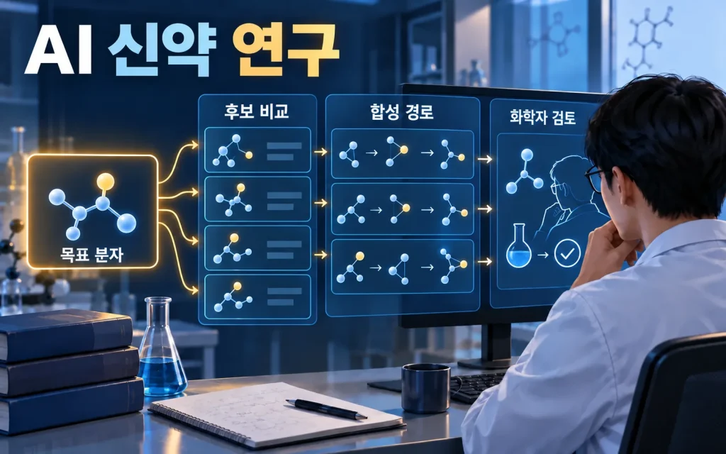 목표 분자에서 후보와 합성 경로를 검토하는 흐름