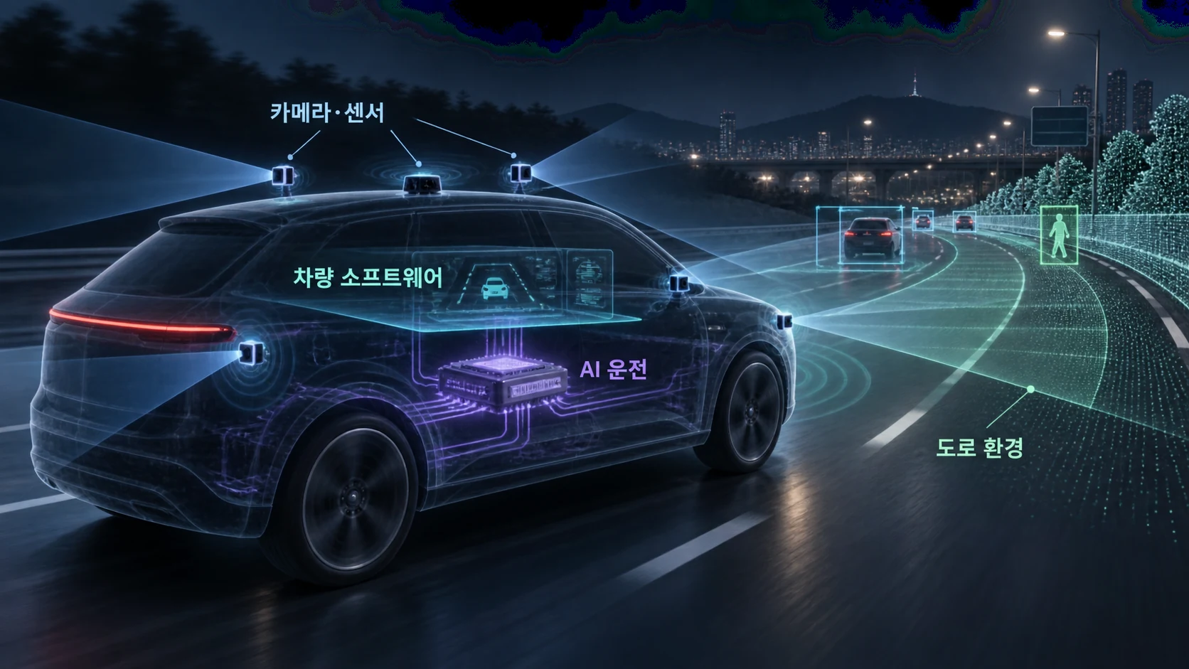 차량 센서·소프트웨어·AI운전·도로환경의 연결 개념도