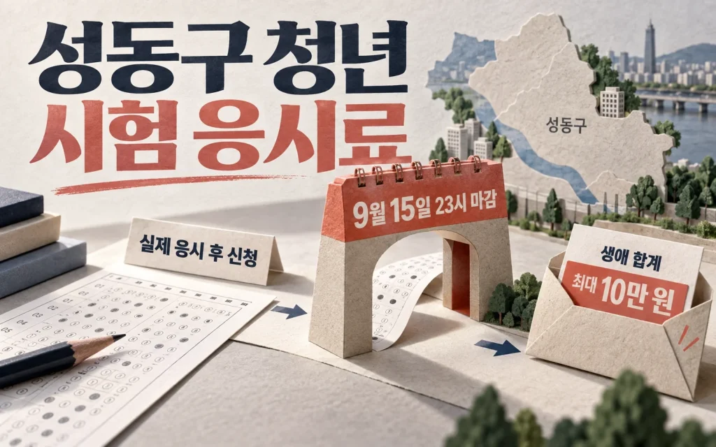 성동구 청년 시험 응시료 최대 10만 원, 9월 15일 23시 마감 핵심 내용을 보여주는 1번째 인포그래픽
