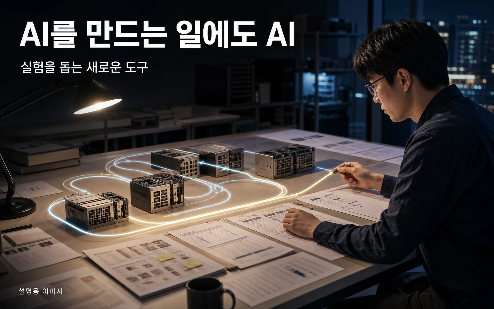 AI 연구 과정의 반복 실험과 검증을 돕는 도구를 표현했습니다. 실제 텐센트 연구실이나 제품 화면이 아닌