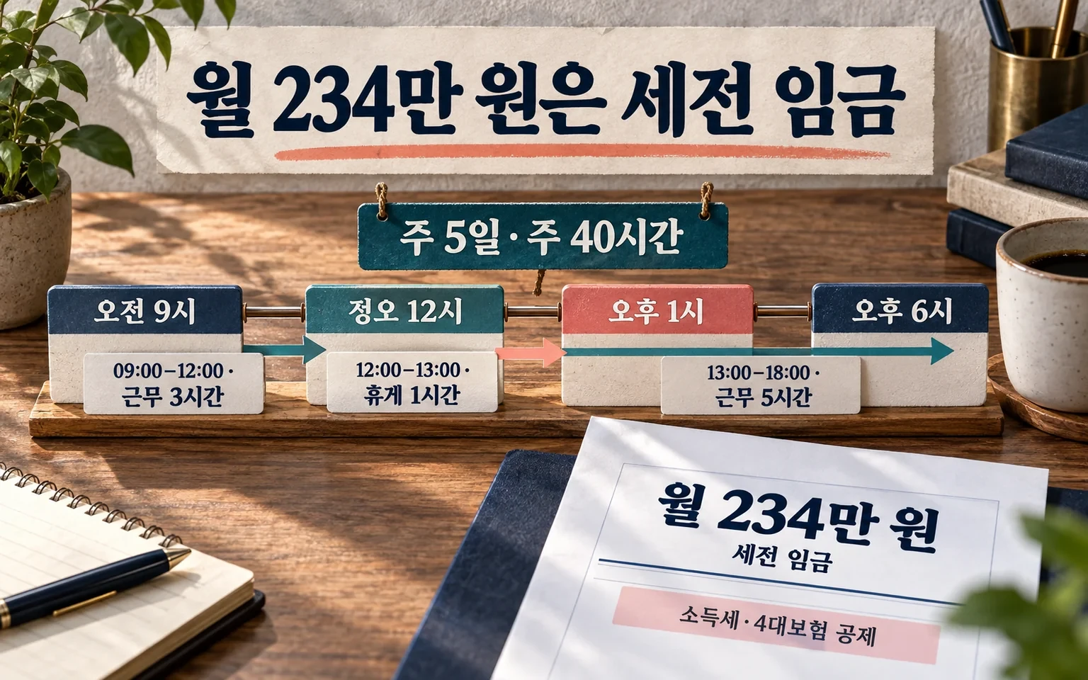 오전 9시부터 오후 6시까지 근무와 점심 한 시간 휴게 및 세전 임금