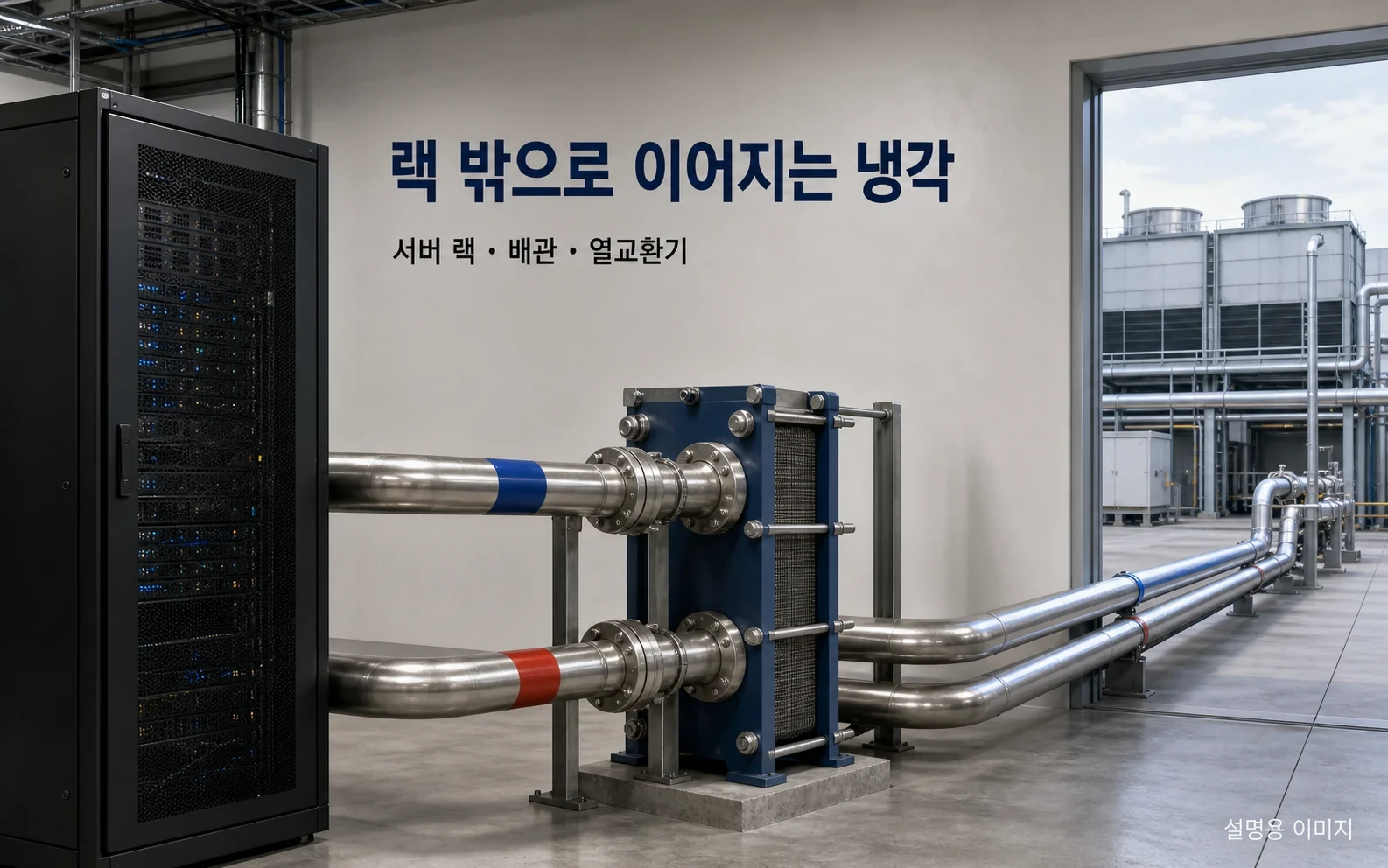 냉각판만 설치한다고 끝나지 않습니다. 배관과 펌프, 열교환기 등 시설 전체가 열을 밖으로 옮겨야 합니다.