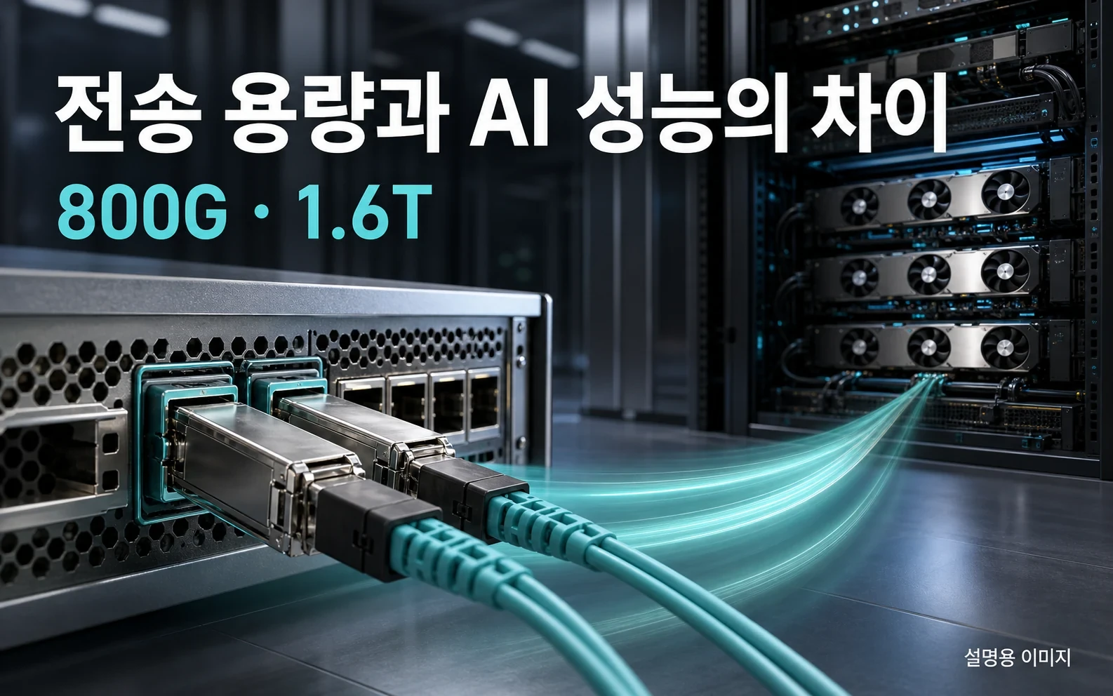 800G·1.6T는 연결 장치의 데이터 전송 용량을 가리킵니다. 연결 용량이 늘었다고 AI 전체 성능이 같은 비율로 오르는 것은 아닙니다.