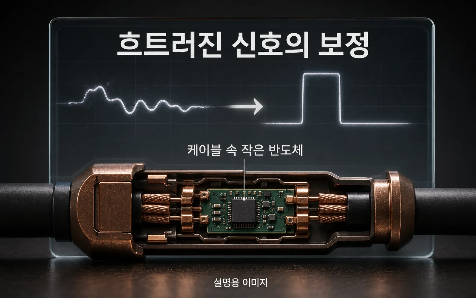 능동형 구리 케이블 안의 반도체는 전달 중 약해지고 흐트러진 신호를 보정합니다. 실제 측정 파형이 아닌
