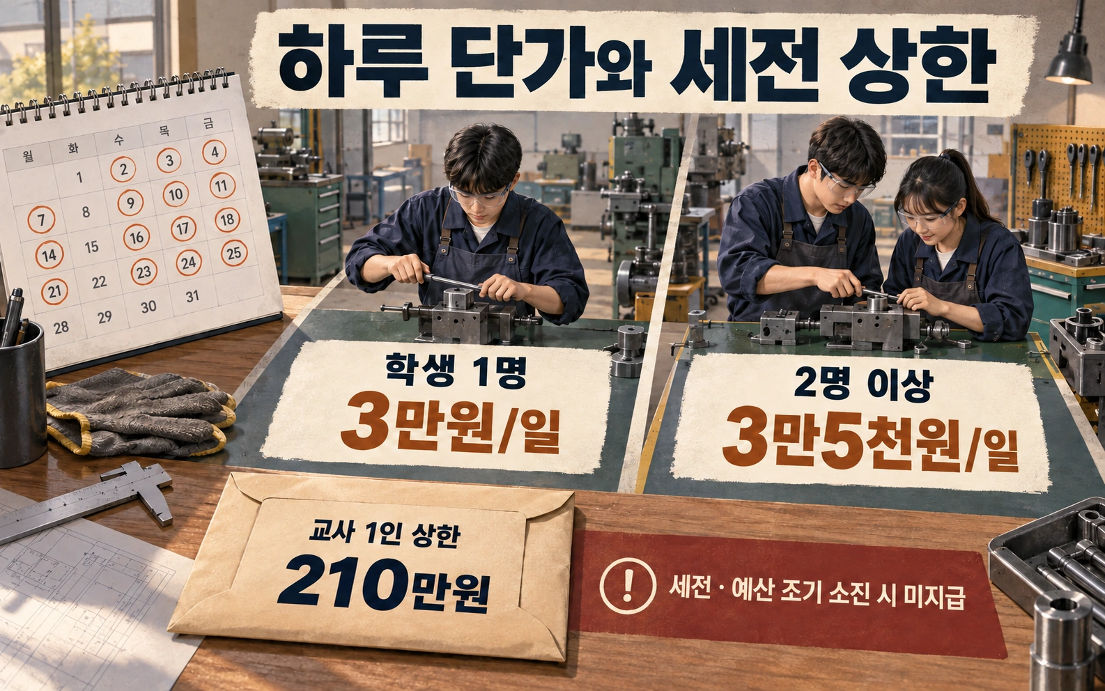 하루 단가와 세전 상한 · 학생 1명 3만원/일 · 2명 이상 3만5천원/일 · 교사 1인 상한 210만원 · 세전 · 예산 조기 소진 시 미지급