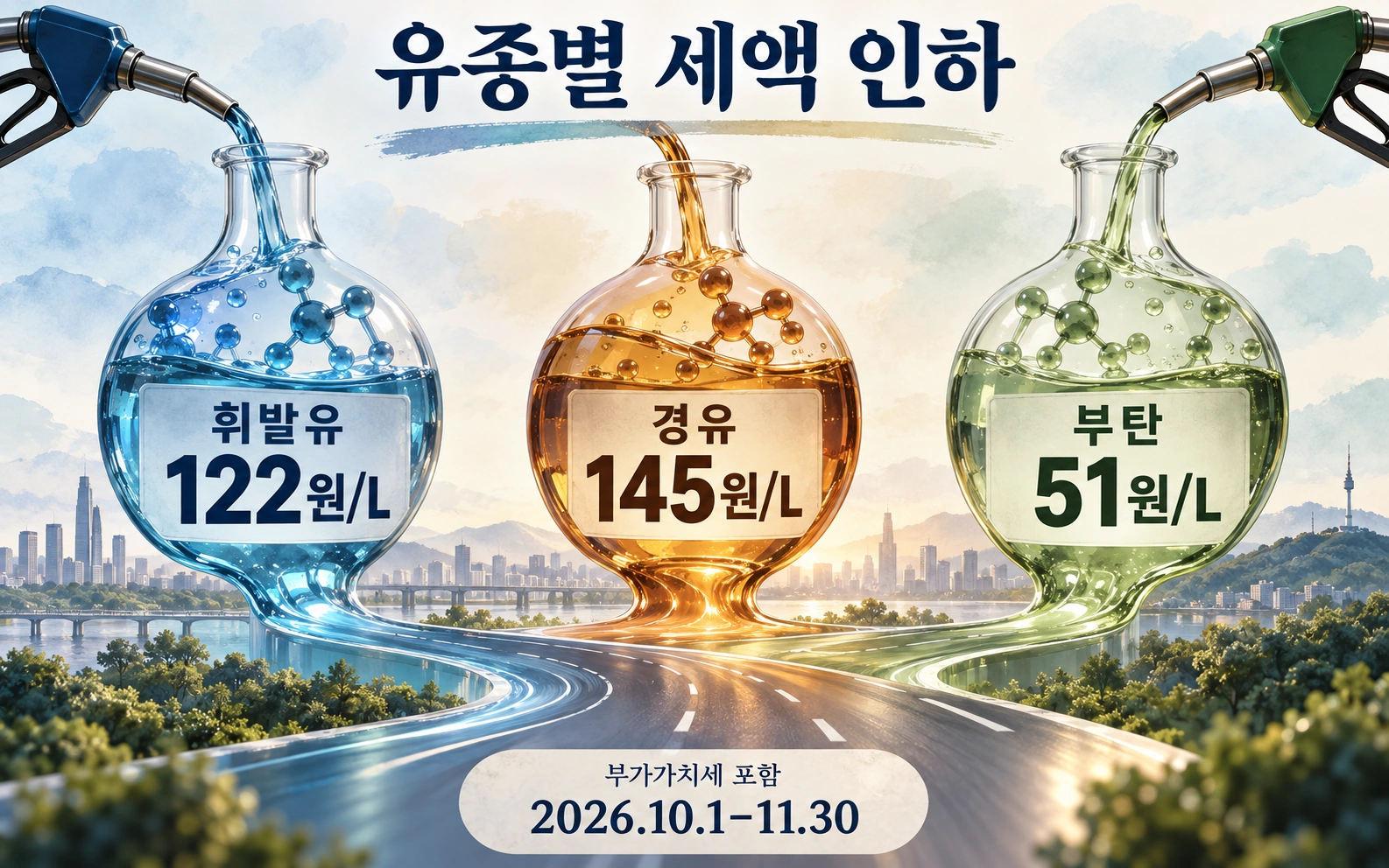유종별 세액 인하 · 휘발유 122원/L · 경유 145원/L · 부탄 51원/L · 부가가치세 포함 · 2026.10.1–11.30