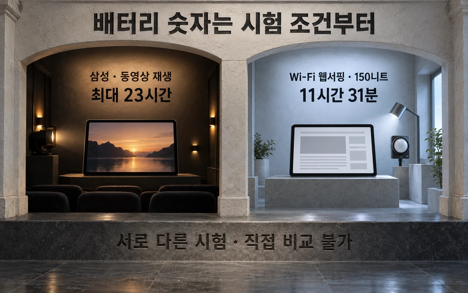동영상 재생과 웹서핑의 서로 다른 배터리 시험 조건 비교