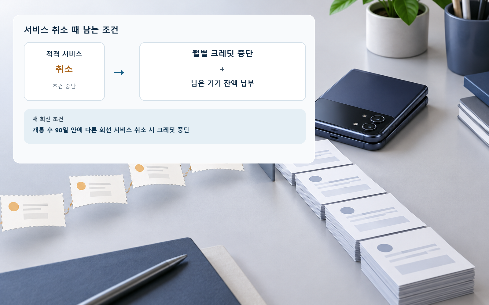 적격 서비스 해지 시 크레딧 중단·잔액 납부와 신규 회선의 90일 조건