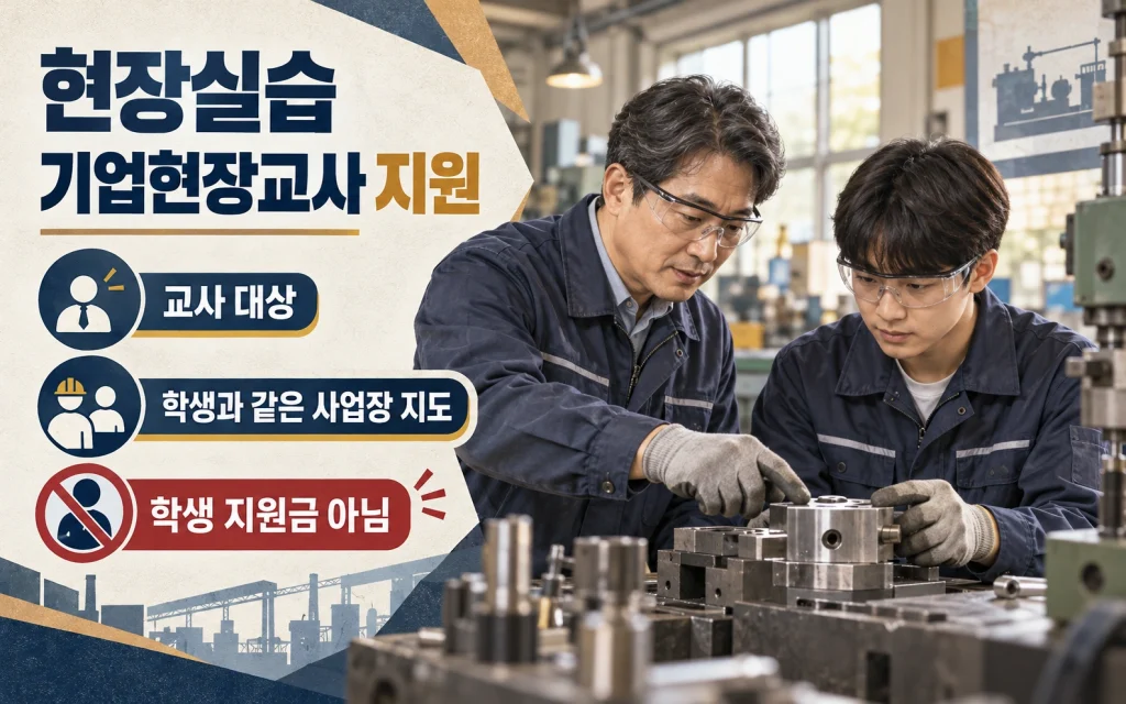 현장실습 기업현장교사 지원 · 교사 대상 · 학생과 같은 사업장 지도 · 학생 지원금 아님