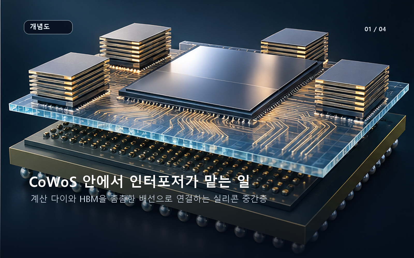 CoWoS 패키지에서 계산 다이와 HBM을 잇는 실리콘 중간층