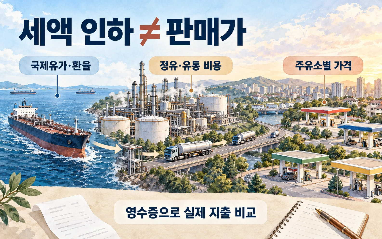 세액 인하 ≠ 판매가 · 국제유가·환율 · 정유·유통 비용 · 주유소별 가격 · 영수증으로 실제 지출 비교