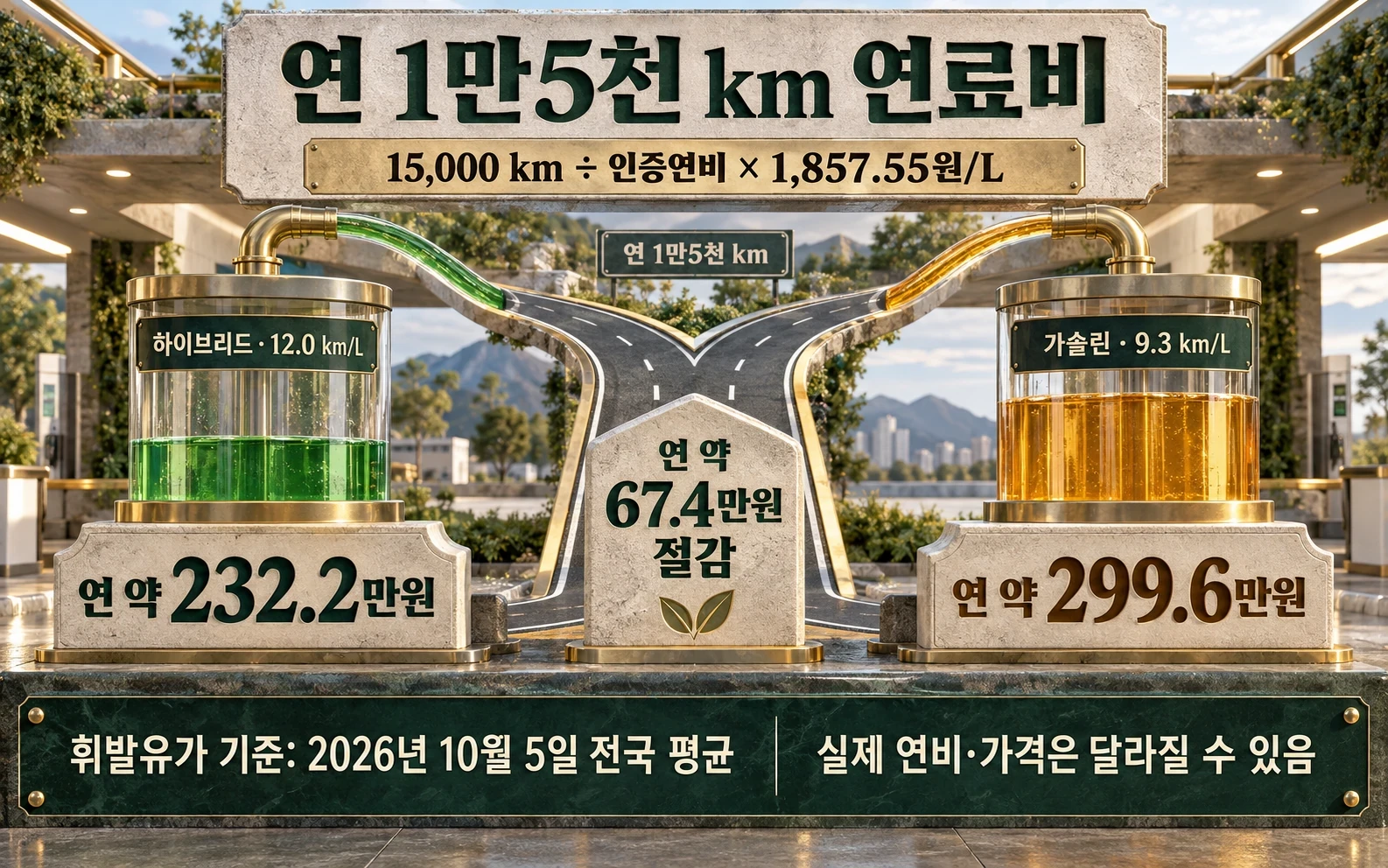 연1만5천km 주행시 인증연비로 계산한 연료비와 절감액 도식