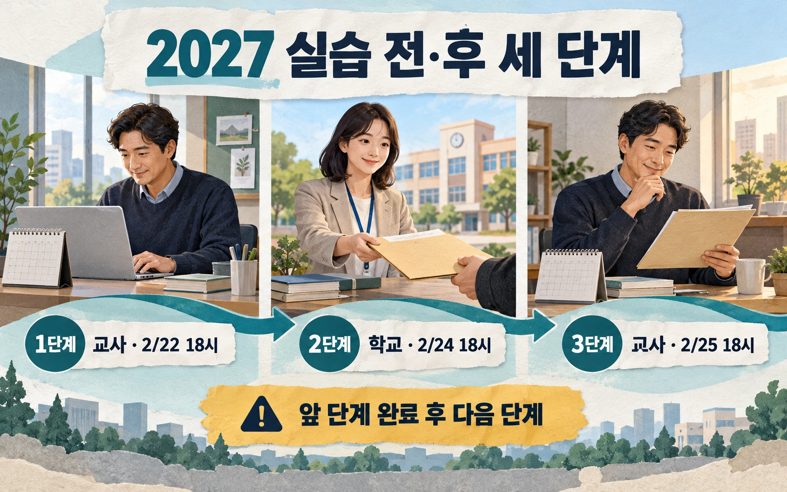 2027 실습 전·후 세 단계 · 1단계 교사 2/22 18시 · 2단계 학교 2/24 18시 · 3단계 교사 2/25 18시 · 앞 단계 완료 후 다음 단계